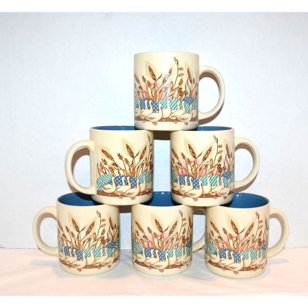 Vintage Goose Duck Family Strolling on Country Blue with Wheat Mugs